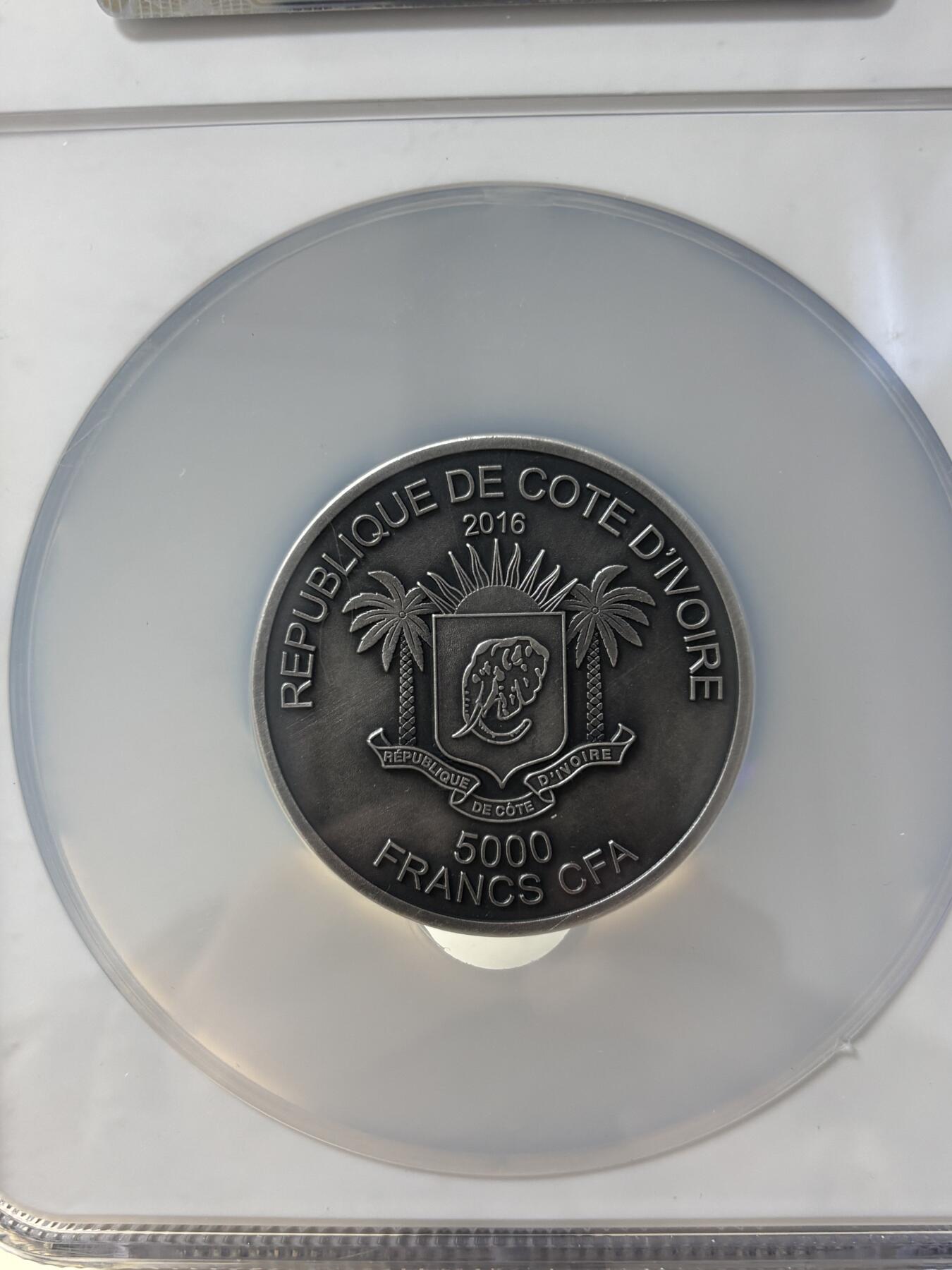 第189期拍卖 科特迪瓦2016年非洲五霸1狮子仿古5盎司银币NGC-MS69无盒无证书，999银，5盎司，发行999枚