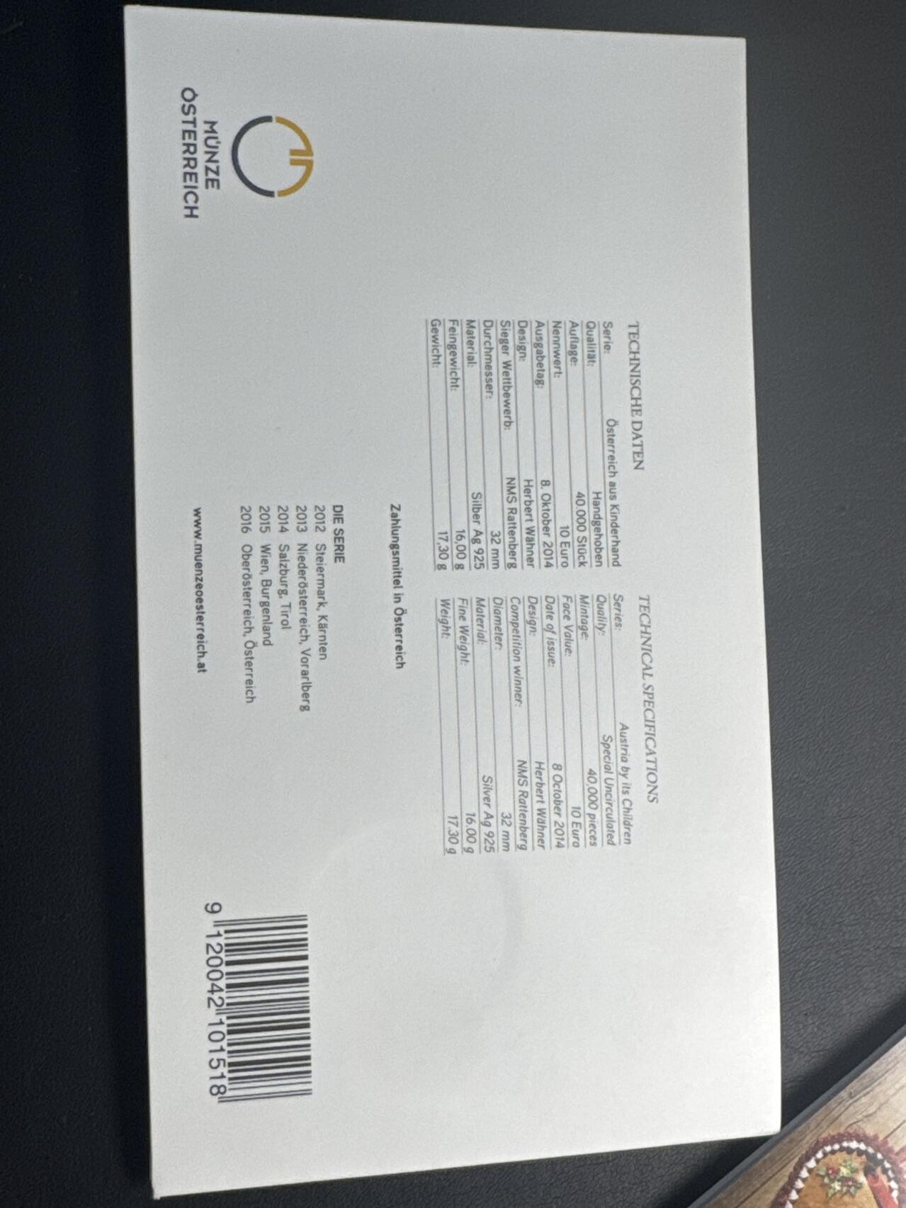 ❤️【币观天下】❤️ 第340期钱币拍卖- 2026.1.23周五晚上6点半场-长期征集拍品 奥地利联邦省系列银币 原厂封装卡册(面值10欧，重量17.3克)2014年萨尔兹堡