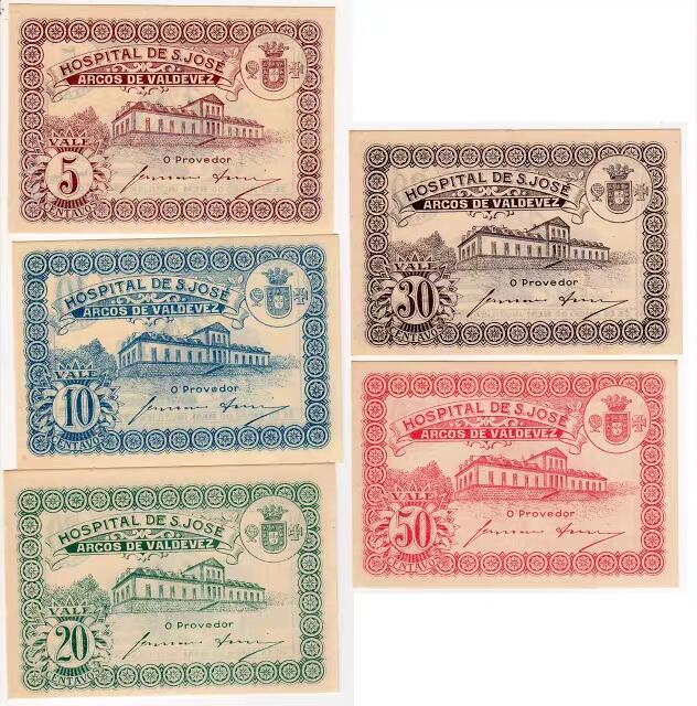 1月21号晚上8点 外国纸币自动截拍第10场 全新UNC 1930年 葡萄牙 圣乔治医院 5,10,20,30,50分 全套