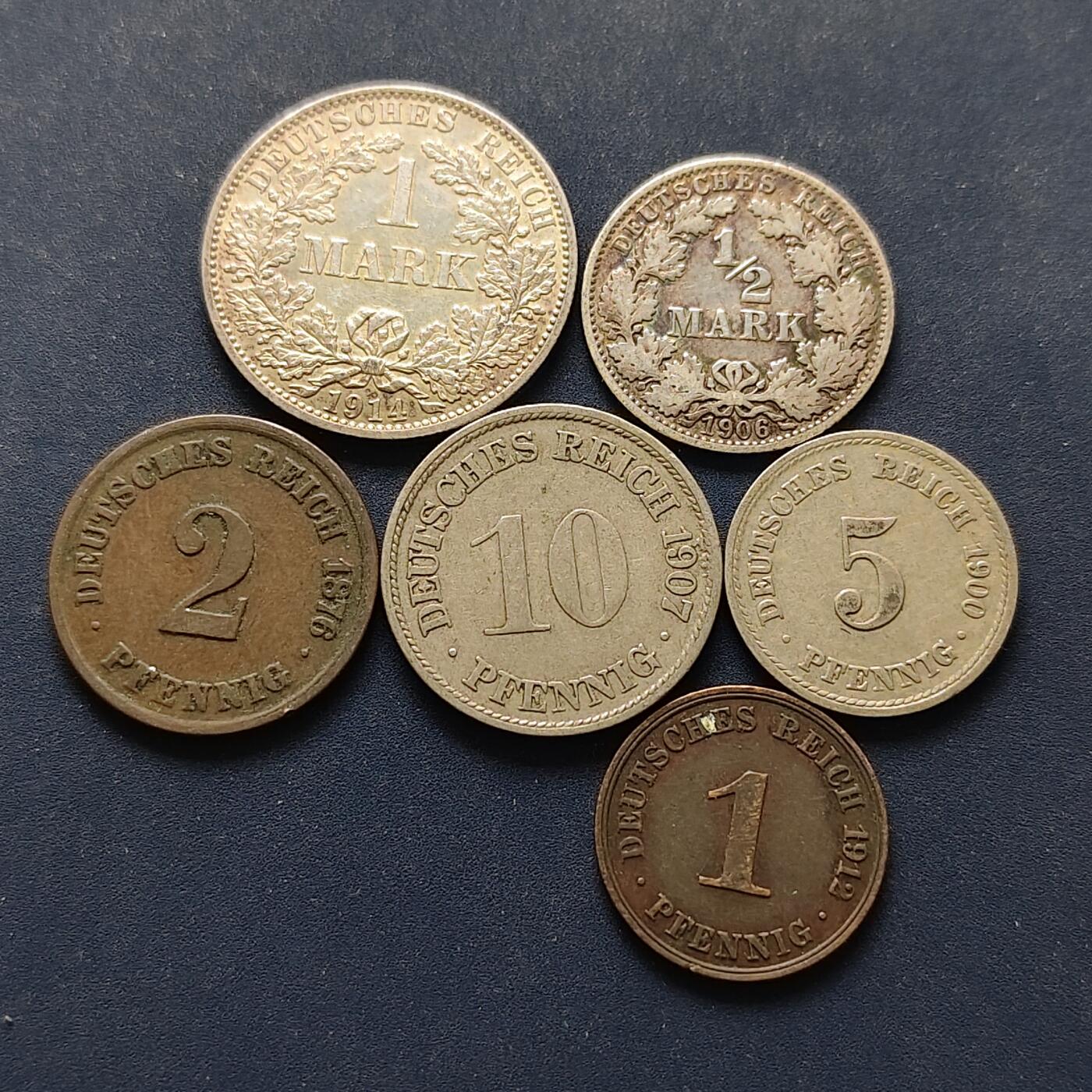 【全场包邮】纯粹捡漏拍496场-持续更新中 德国第二帝国各年份长短翅鹰混合版6枚套币-含2枚银币【1马克24毫米5.55克90%+1/2那块20毫米2.77克90%】