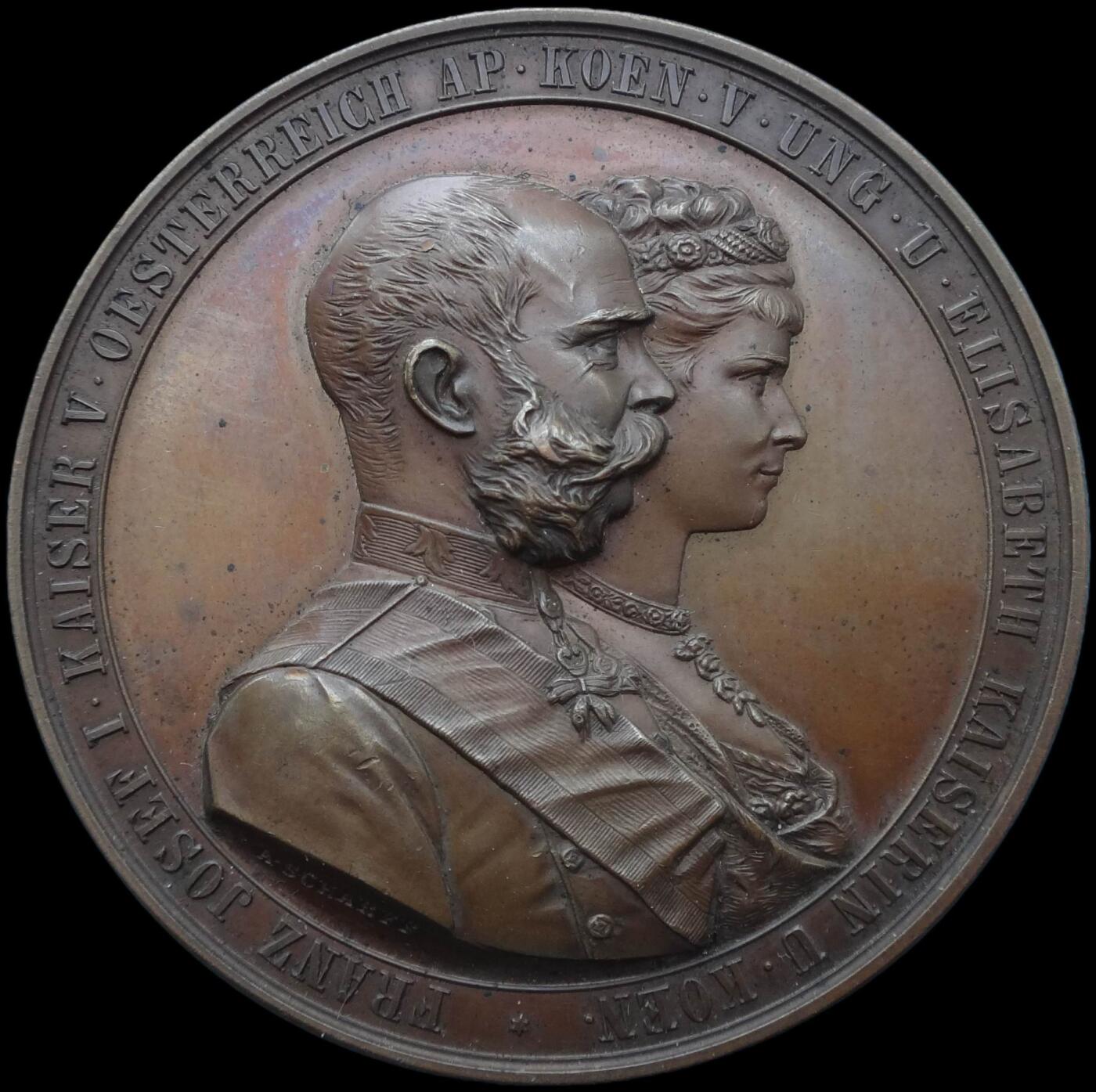 「木头集藏」章牌精品专场！ 1879年奥地利 弗朗茨皇帝银婚 纪念铜章，MS63 ，Anton Scharff和J. Tautenhayn联袂作品，50mm，品相很好。纪念弗朗茨皇帝和伊丽莎白皇后（就是大名鼎鼎的茜茜公主）结婚25周年。