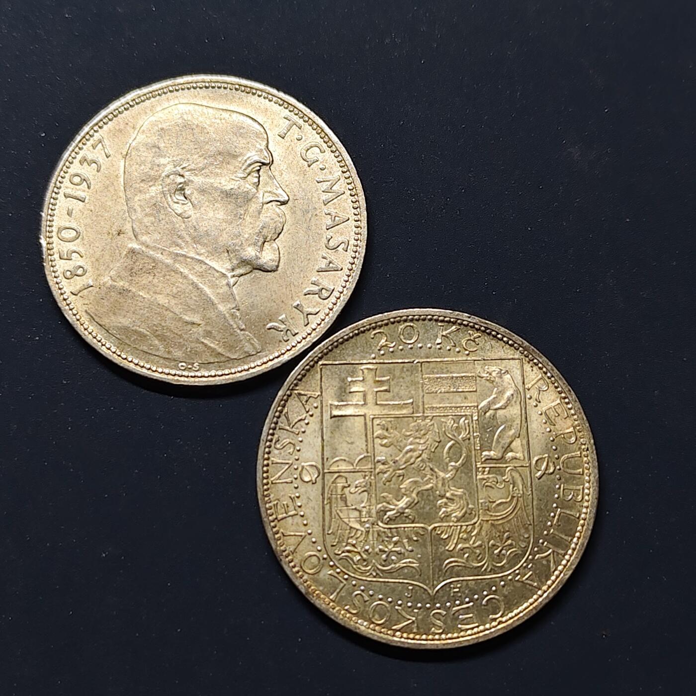 【全场包邮】纯粹捡漏拍497场-持续更新中 捷克斯洛伐克1937年20克朗马萨里克逝世纪念银币2枚一组【34毫米12克70%X2枚】