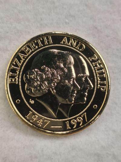 G&W世界散币，银币处理专场（第44场） - 特克斯凯克斯1997年5克朗  伊丽莎白二世和菲利普结婚50周年 金婚 克朗型