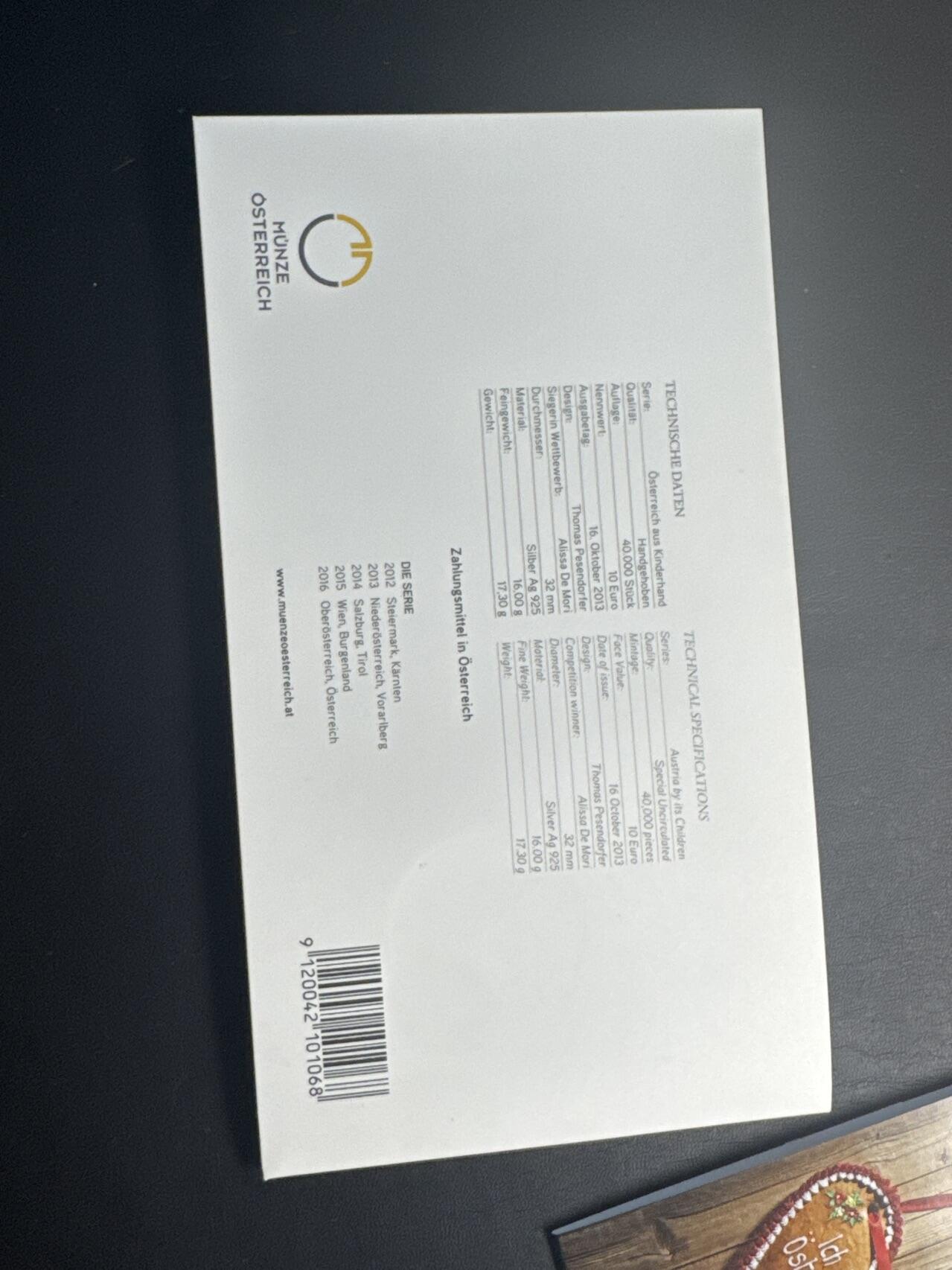 ❤️【币观天下】❤️ 第340期钱币拍卖- 2026.1.23周五晚上6点半场-长期征集拍品 奥地利联邦省系列银币 原厂封装卡册(面值10欧，重量17.3克)2013年福拉尔贝格