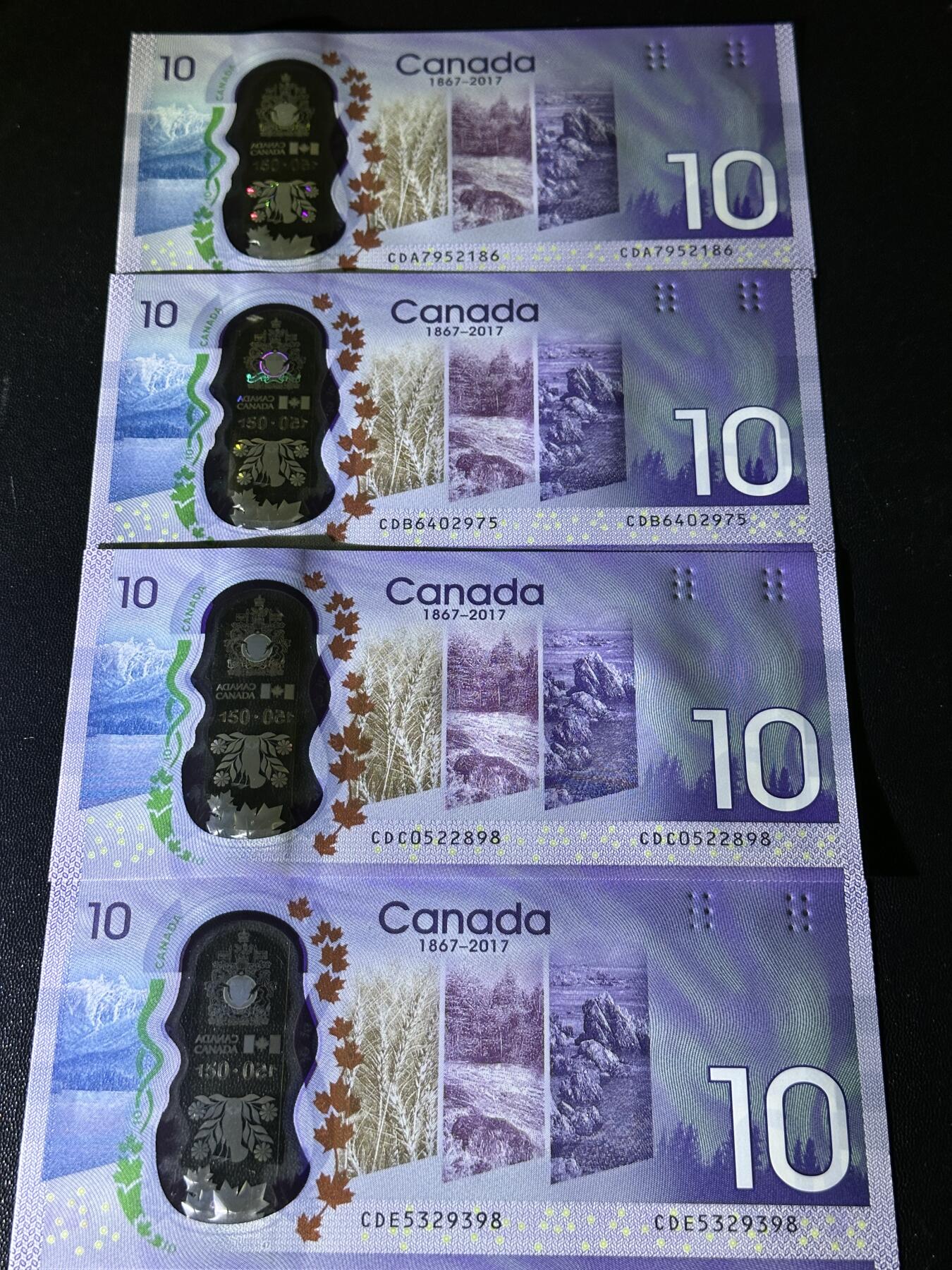 《外钞收藏家》第六百零四期（精品场）（本平台长期征集拍品、欢迎藏友们联系合作） 加拿大10加元 纪念钞 CDA-CDD四张一起 全新UNC