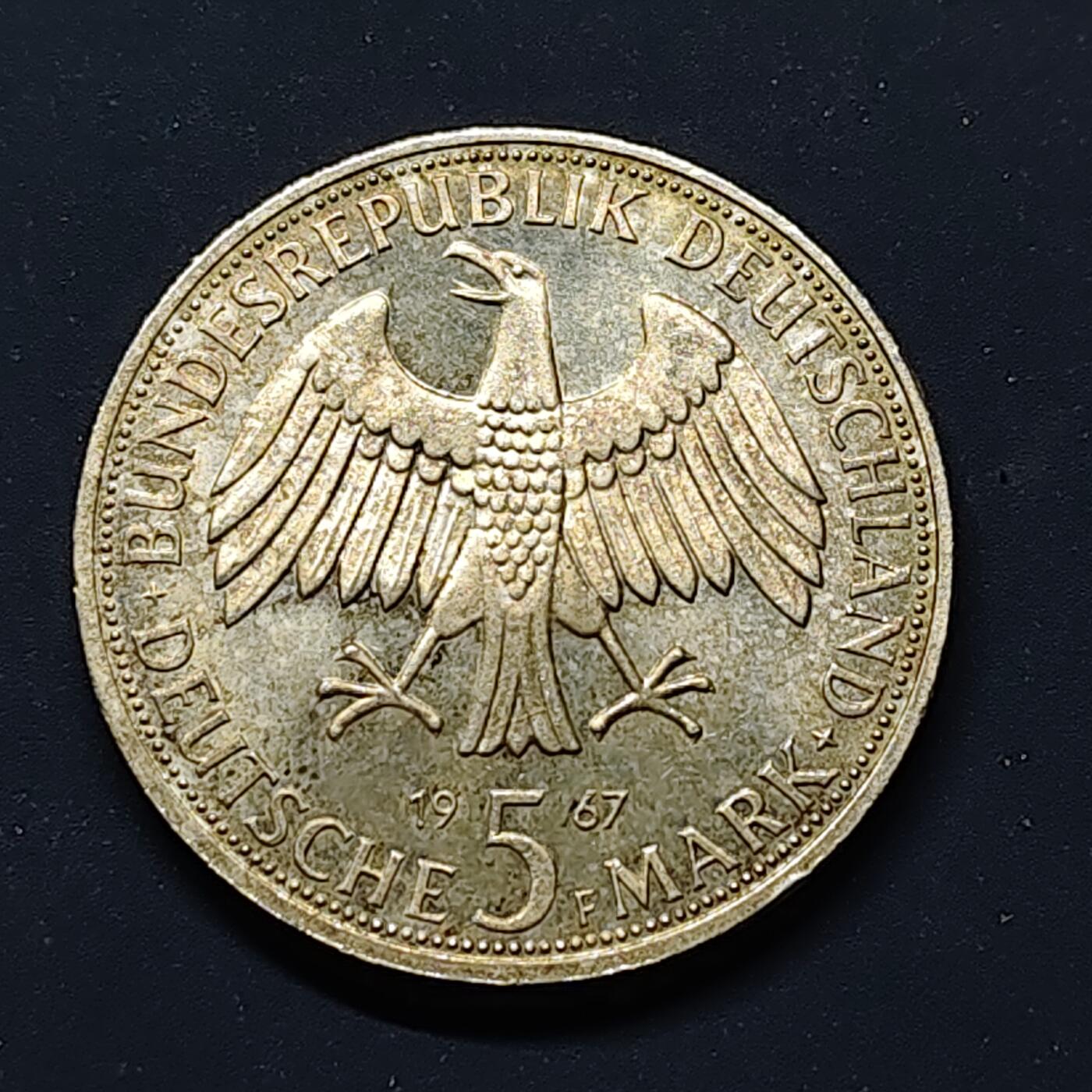 【全场包邮】纯粹捡漏拍496场-持续更新中 德国联邦德国1967年5马克洪堡兄弟纪念银币【29毫米11.2克62.5%】