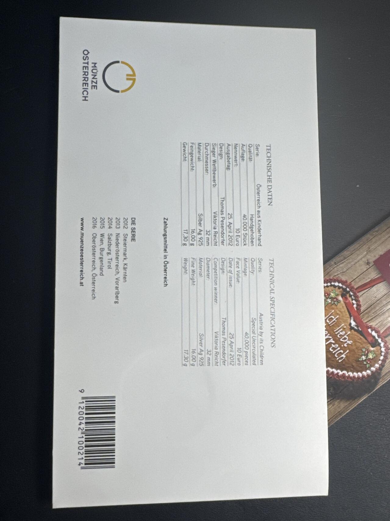 ❤️【币观天下】❤️ 第340期钱币拍卖- 2026.1.23周五晚上6点半场-长期征集拍品 奥地利联邦省系列银币 原厂封装卡册(面值10欧，重量17.3克)2012年施帝利亚州