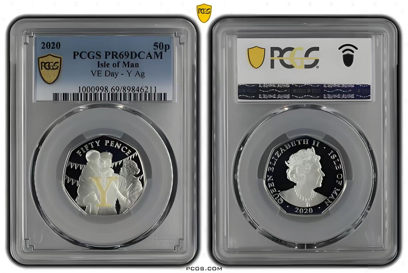 长老汇蛇年精选第九十四场拍卖 马恩岛2020年 二战系列欧洲胜利日75周年字母“Y”彩色精制纪念银币，局部镀金，面值50便士，量2020    PCGS PR69 DCAM，唯一冠军