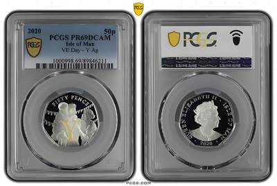 长老汇蛇年精选第九十四场拍卖 - 马恩岛2020年 二战系列欧洲胜利日75周年字母“Y”彩色精制纪念银币，局部镀金，面值50便士，量2020    PCGS PR69 DCAM，唯一冠军
