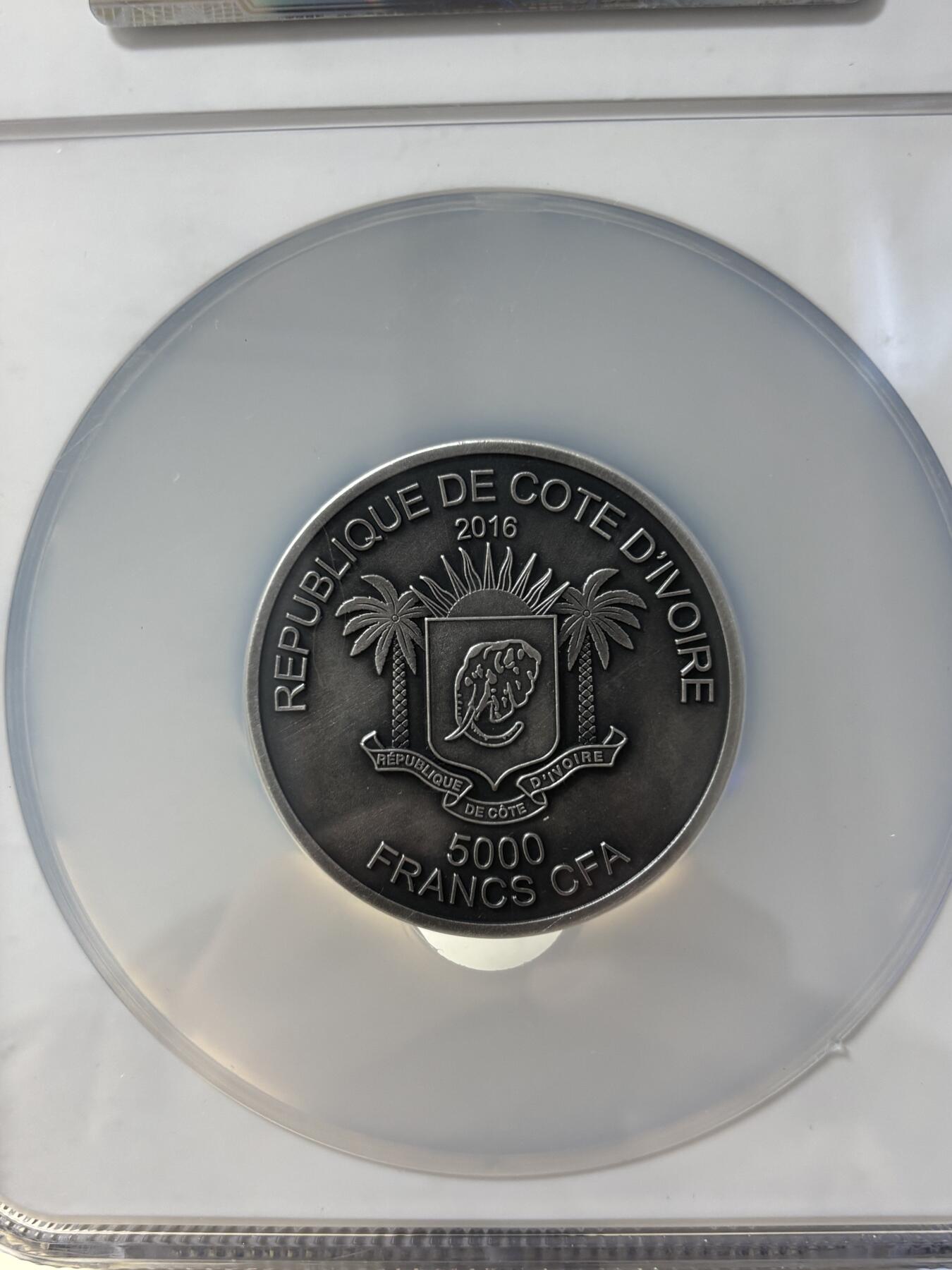 第189期拍卖 科特迪瓦2016年非洲五霸1狮子仿古5盎司银币NGC-MS69无盒无证书，999银，5盎司，发行999枚