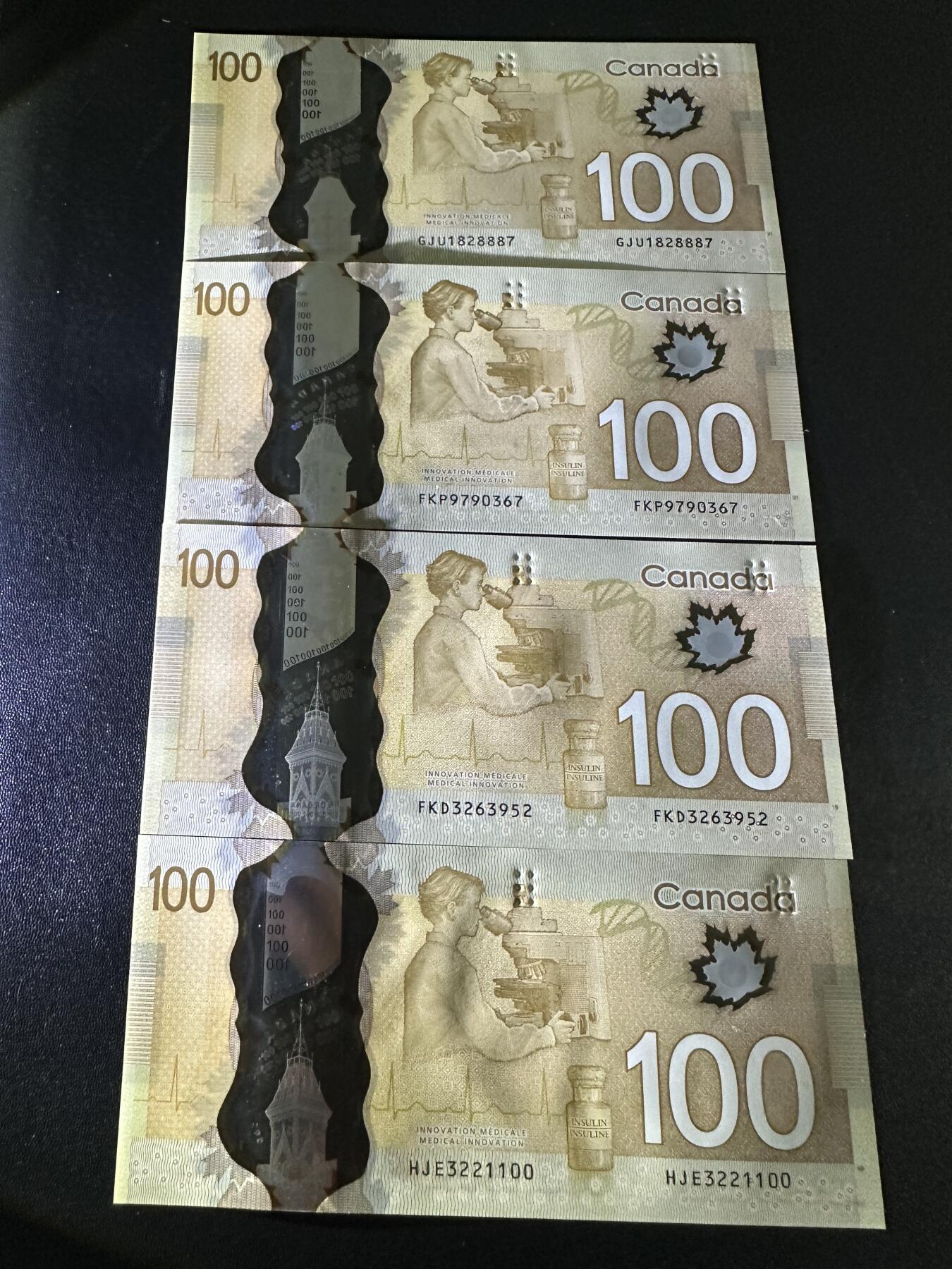 《外钞收藏家》第六百零四期（精品场）（本平台长期征集拍品、欢迎藏友们联系合作） 加拿大100加元 四张一起 四个签名 全新UNC 有两张无47靓号