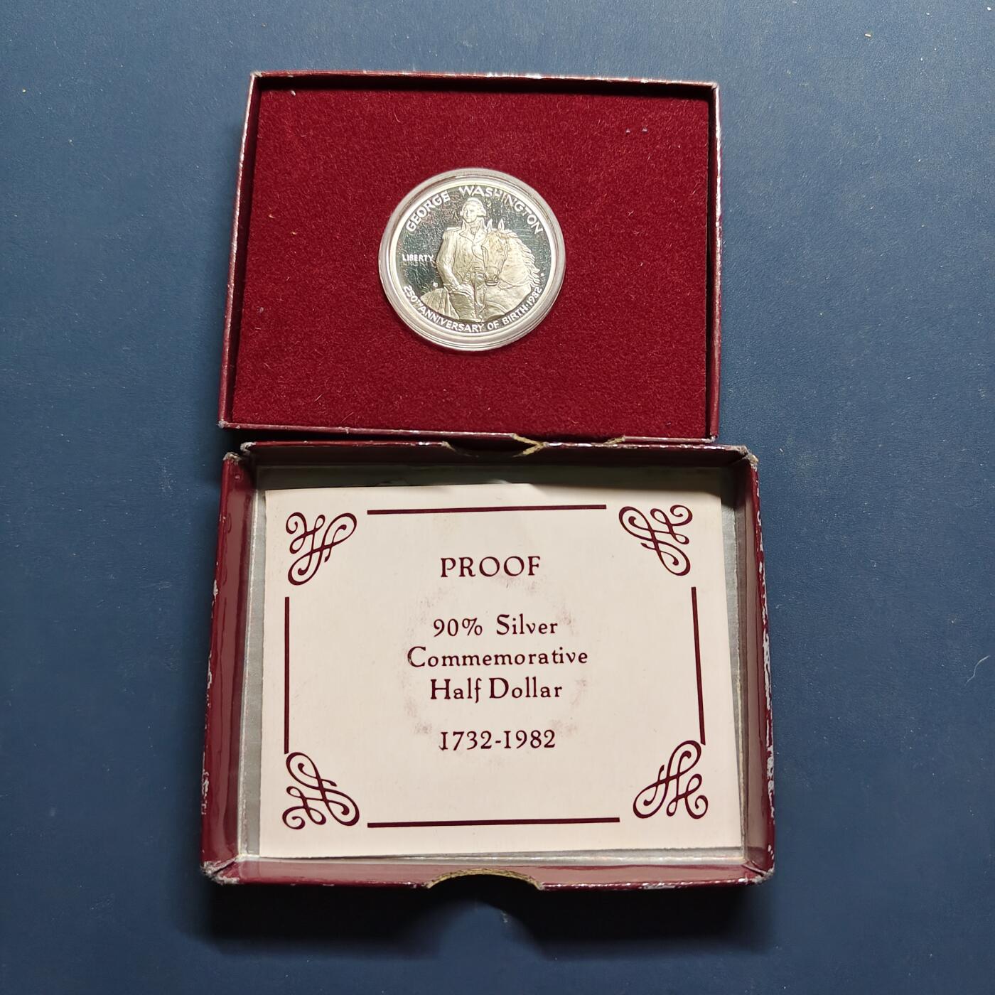 【全场包邮】纯粹捡漏拍497场-持续更新中 美国1982年半元华盛顿诞生250周年官方封装精制纪念银币【30.6毫米12.5克90%】-盒证全