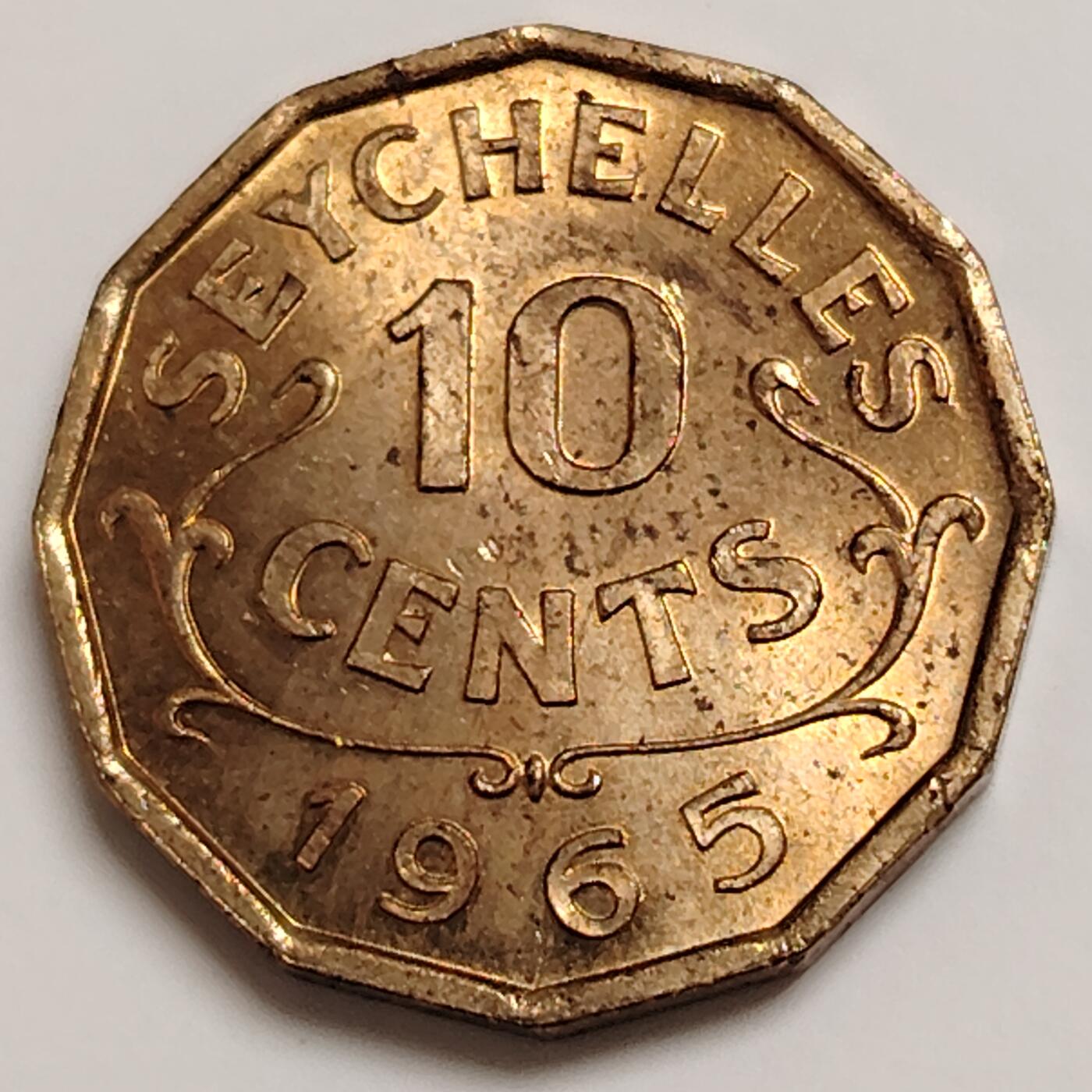 布加迪🐬～世界钱币(上海)🌾第 271 期 /  各国套币和散币 塞舌尔🇸🇨 1965年 10分 原光好品