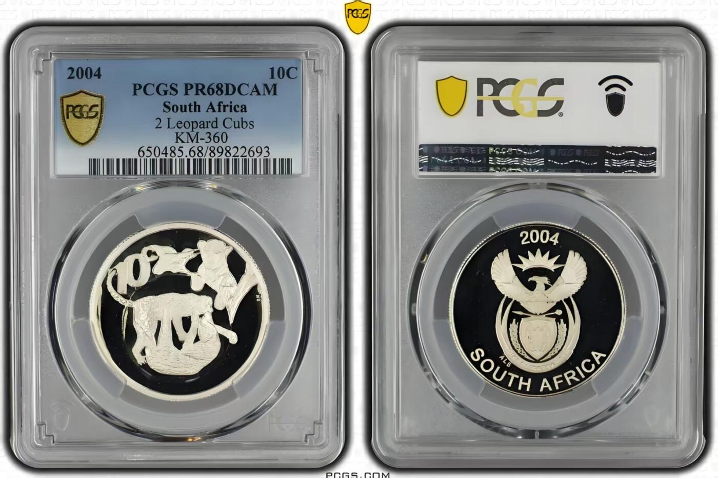 长老汇蛇年精选第九十四场拍卖 南非2004年10分精制纪念银币 非洲五霸系列——豹   PCGS PF 68 DCAM ，唯一冠军分（eBay 2022年10月67分的拍了1292元），量1500
