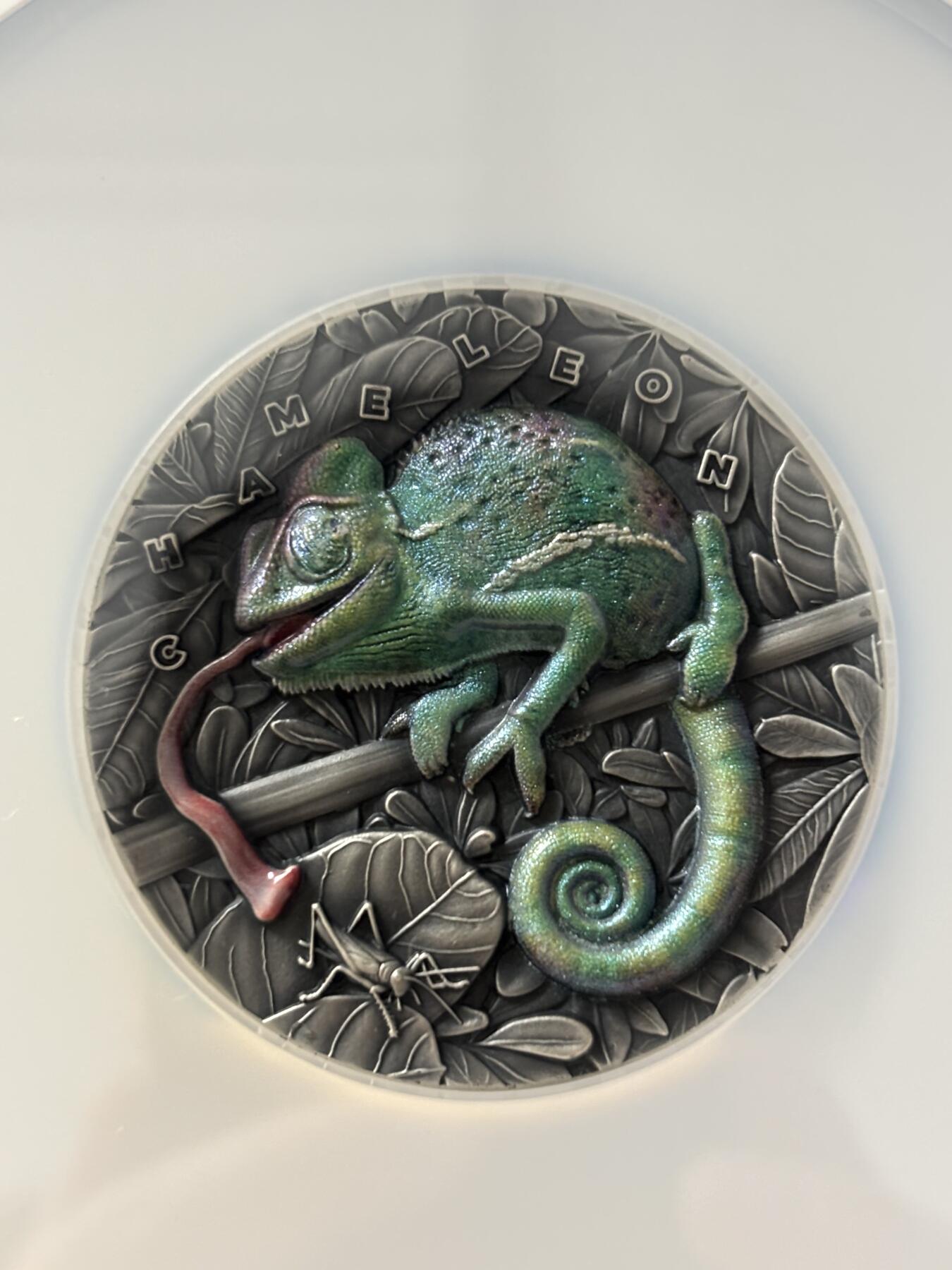 第189期拍卖 纽埃2021年神奇动物系列变色龙3盎司彩色珐琅银币NGC-MS70无盒无证书，999银，3盎司，发行421枚