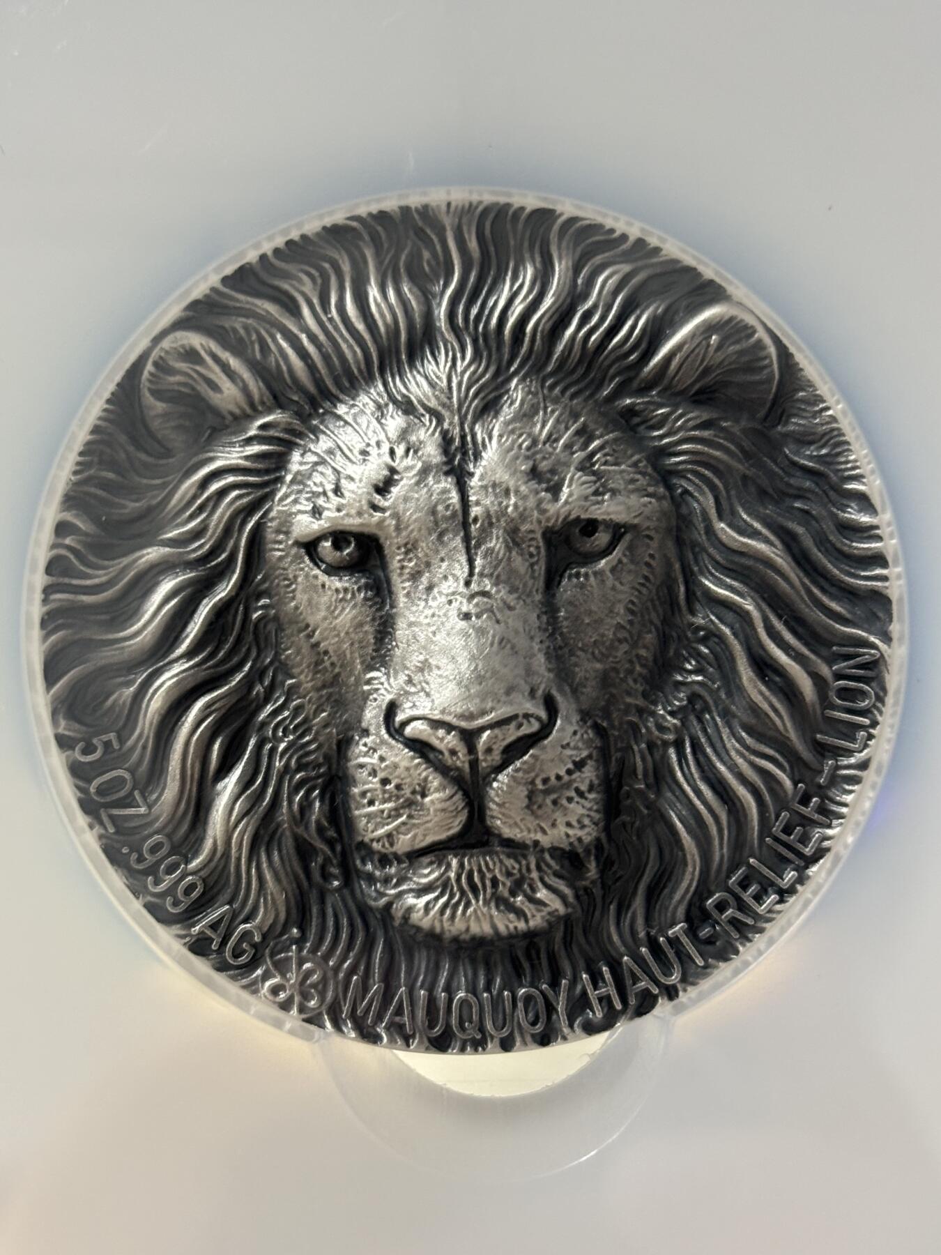 第189期拍卖 科特迪瓦2016年非洲五霸1狮子仿古5盎司银币NGC-MS69无盒无证书，999银，5盎司，发行999枚