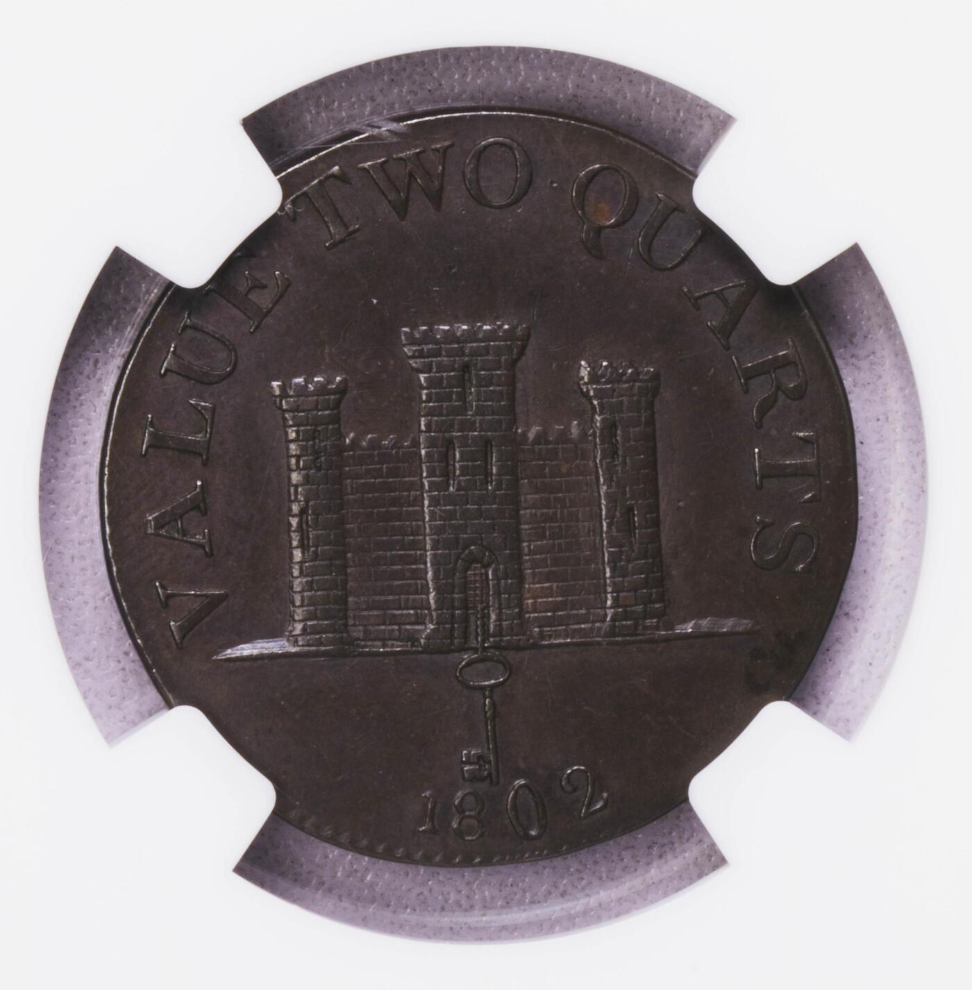 NGC-MS62BN 1802直布罗陀城市景观2夸特铜币 冠军分