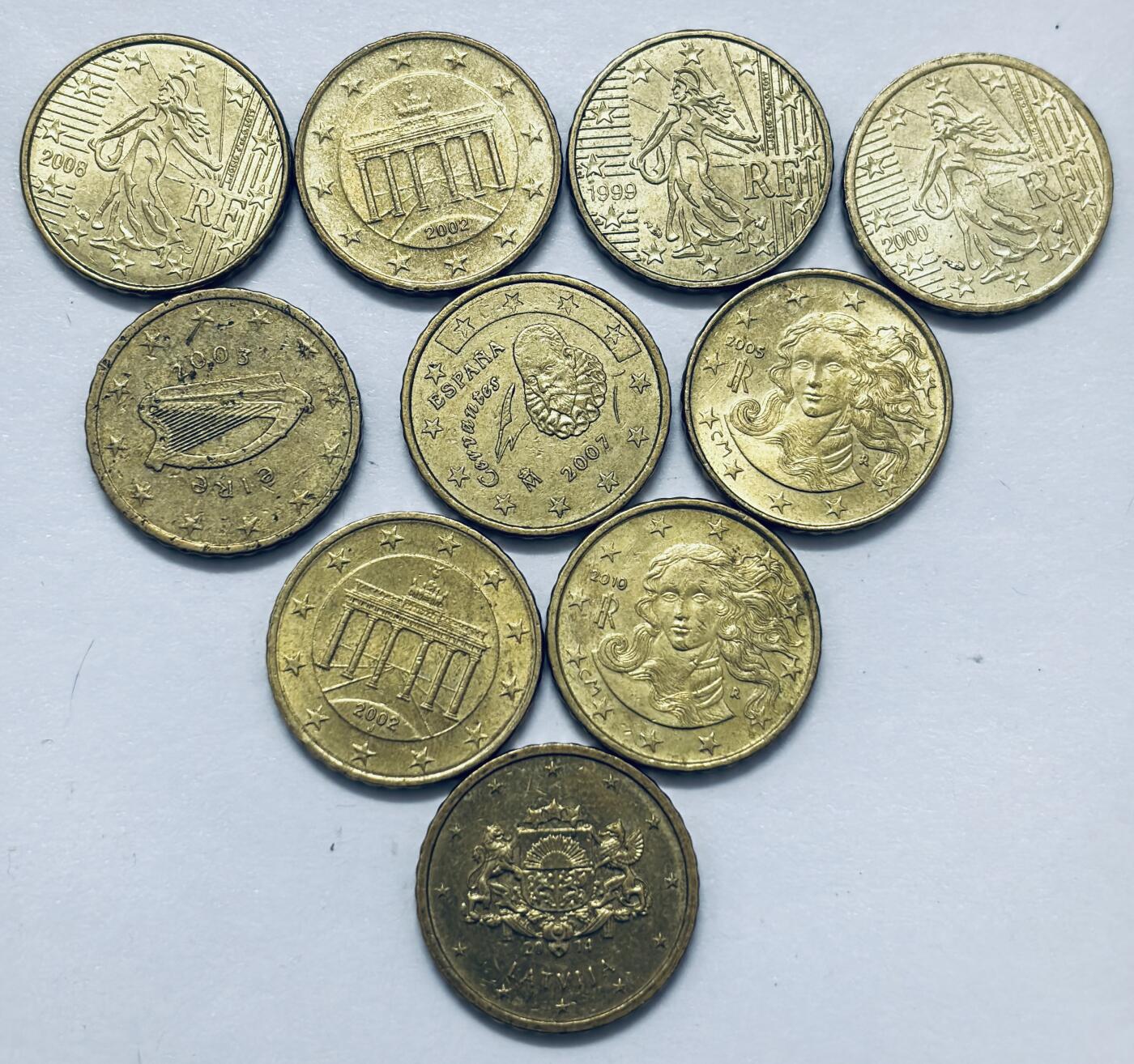 文馨钱币收藏 2026新年第四场（第 290 场）【长期接代拍品】 原铜光品相欧盟 10 欧分一组 10 枚（拉脱维亚，意大利，德国，法国，西班牙，爱尔兰）