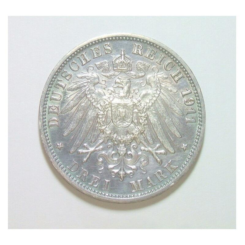 【银】德国符腾堡1911年威廉二世银婚3马克银币 酱五彩爽品