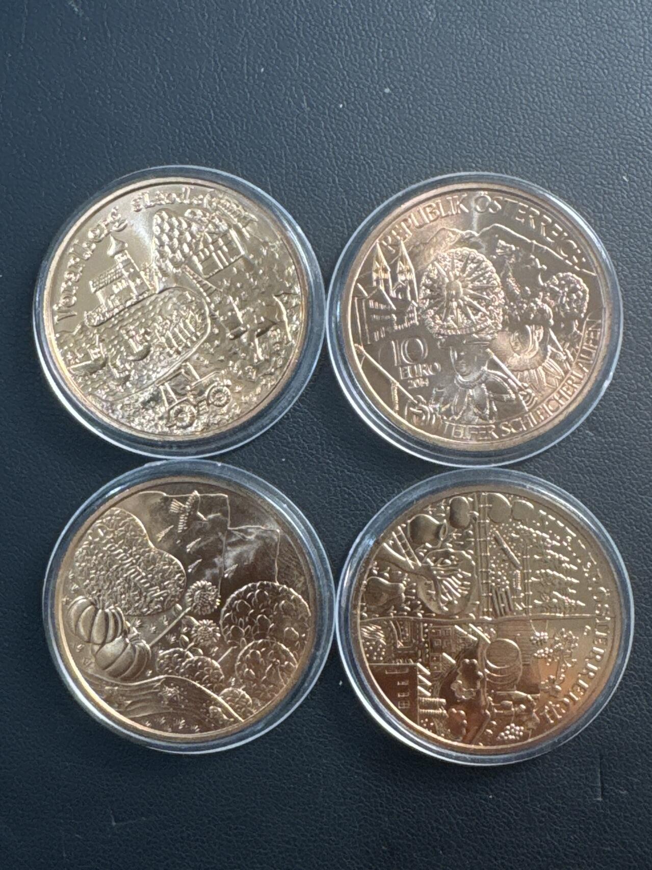 ❤️【币观天下】❤️ 第340期钱币拍卖- 2026.1.23周五晚上6点半场-长期征集拍品 奥地利州联邦省系列紫铜币(32mm) 面值10欧2012年 卡林西娅州，2012年 施帝利亚州，2013年 下奥地利州， 2013年 福拉尔贝格，2014年 萨尔兹堡，2014年 蒂罗尔 ，2015年 布尔根兰州 共7枚