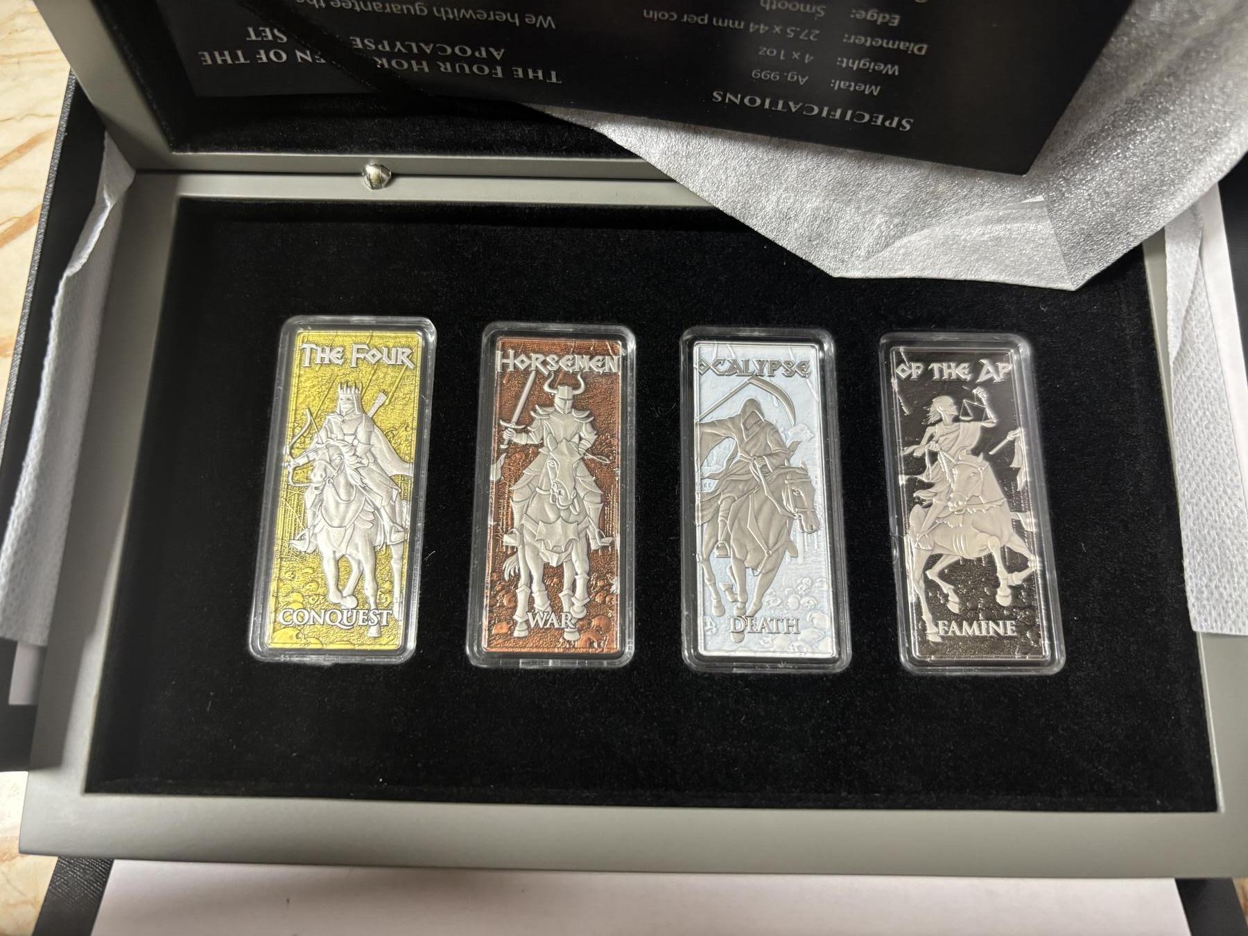 第189期拍卖 巴巴多斯2024年天启四骑士见证末日降临条形银币套，999银，1盎司*4，发行500套