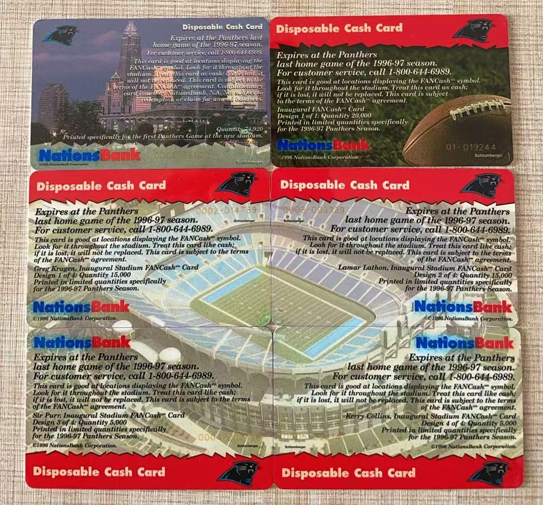 《卡拍》第343期拍卖1月24日晚22：10时延时截拍 美国国家银行现金IC卡《美国职业橄榄球联盟黑豹队96-97赛季、粉丝俱乐部、新体育场等》六枚旧卡，四枚卡背面为体育场拼图图案，芯片有氧化，中上品。