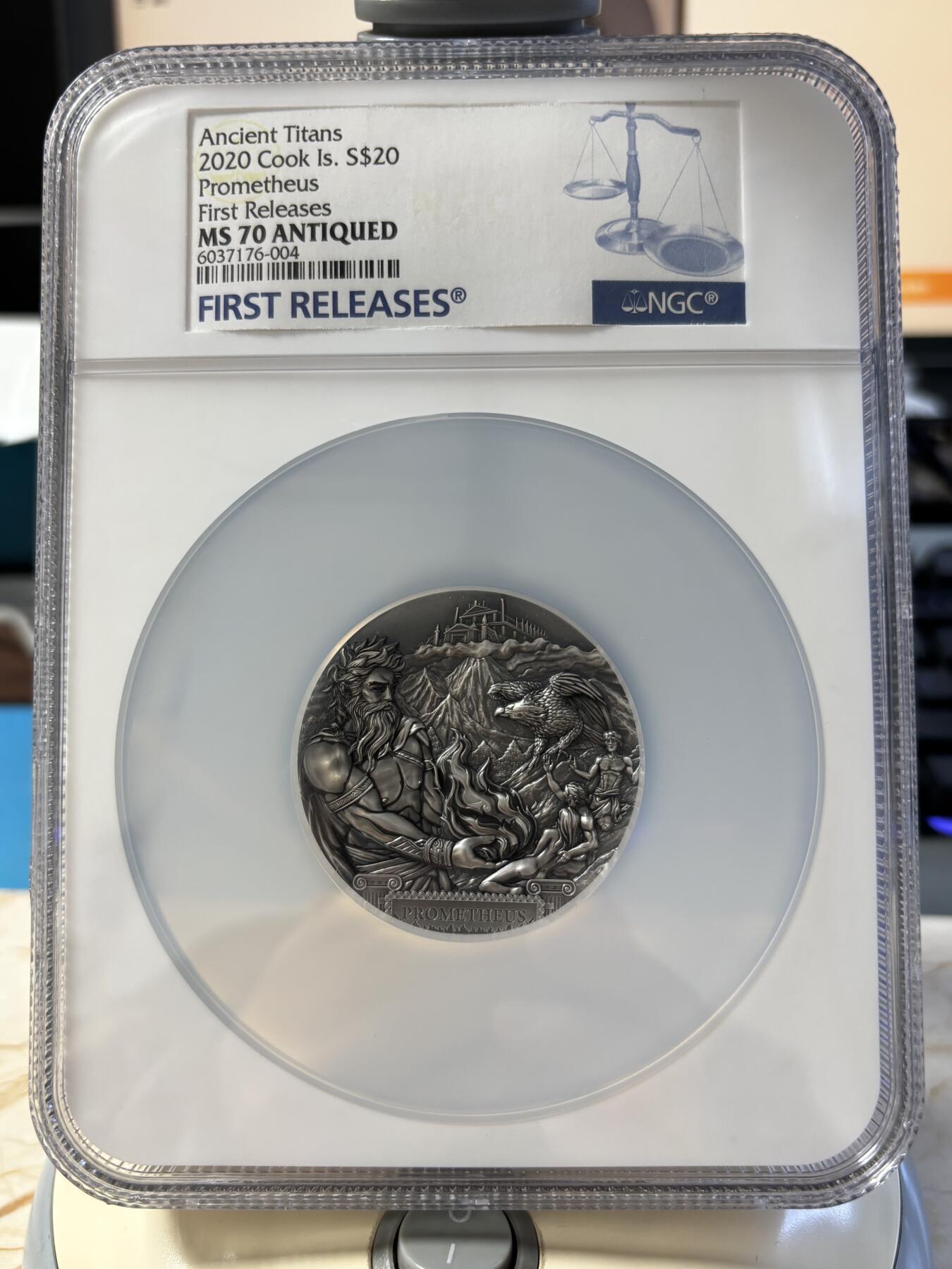 第189期拍卖 库克2020年泰坦神火神3盎司高浮雕银币NGC-MS70首无盒无证书，999银，发行333枚