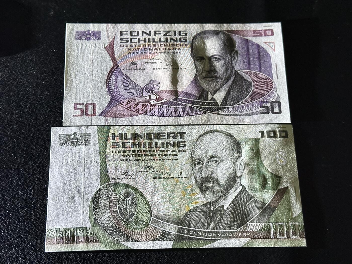 《外钞收藏家》第六百零四期（精品场）（本平台长期征集拍品、欢迎藏友们联系合作） 奥地利50和100先令 2张一起 全新UNC 