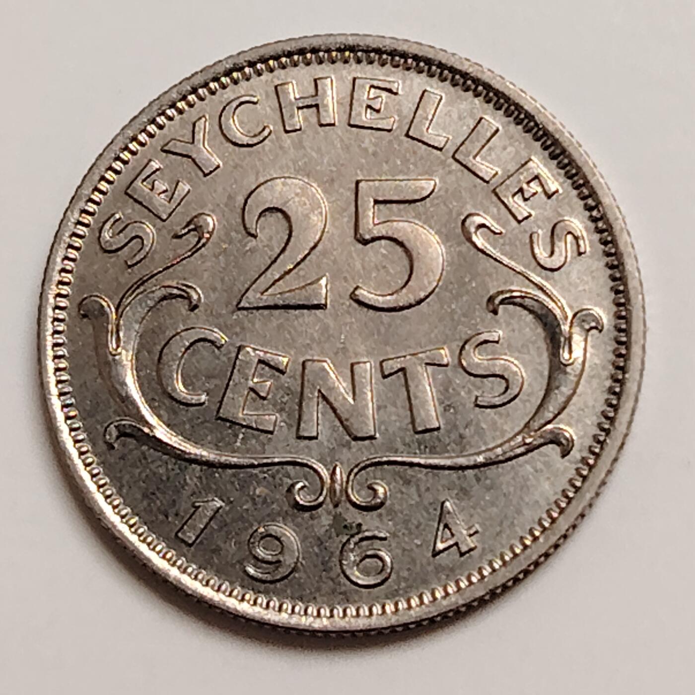 布加迪🐬～世界钱币(上海)🌾第 271 期 /  各国套币和散币 塞舌尔🇸🇨 1964年 25分