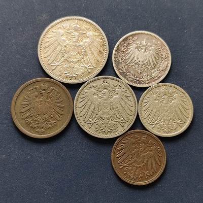 【全场包邮】纯粹捡漏拍496场-持续更新中 - 德国第二帝国各年份长短翅鹰混合版6枚套币-含2枚银币【1马克24毫米5.55克90%+1/2那块20毫米2.77克90%】