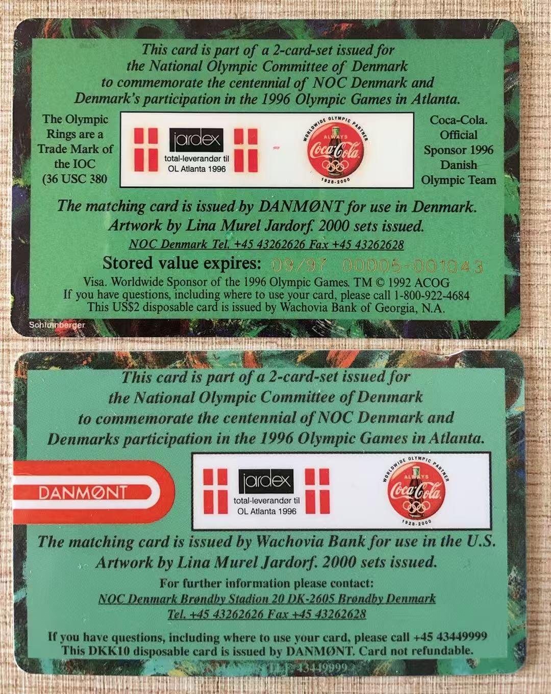 《卡拍》第343期拍卖1月24日晚22：10时延时截拍 美国丹麦联合发行VISA Cash现金IC卡《96亚特兰大奥运会-丹麦奥委会旗，背有可口可乐标志》两枚未使用新卡（同流水号1043），上品。发行量2000套。