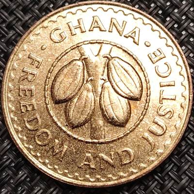 布加迪🐬～世界钱币(上海)🌾第 271 期 /  各国套币和散币 - 加纳🇬🇭 1979年 50比塞瓦黄铜纪念币FAO可可豆图案 30mm