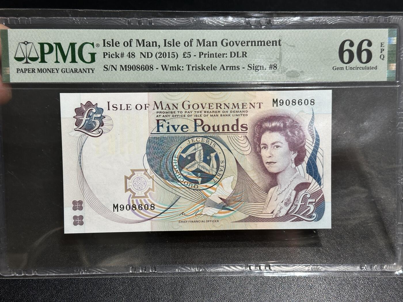 《外钞收藏家》第六百零四期（精品场）（本平台长期征集拍品、欢迎藏友们联系合作） 2015年马恩群岛5镑 PMG66 圆圆号
