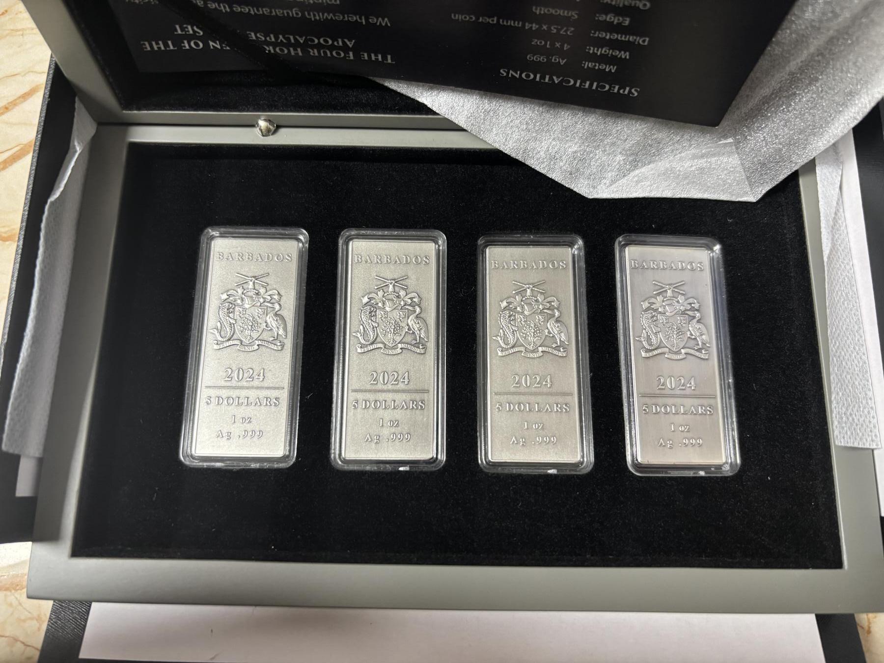 第189期拍卖 巴巴多斯2024年天启四骑士见证末日降临条形银币套，999银，1盎司*4，发行500套