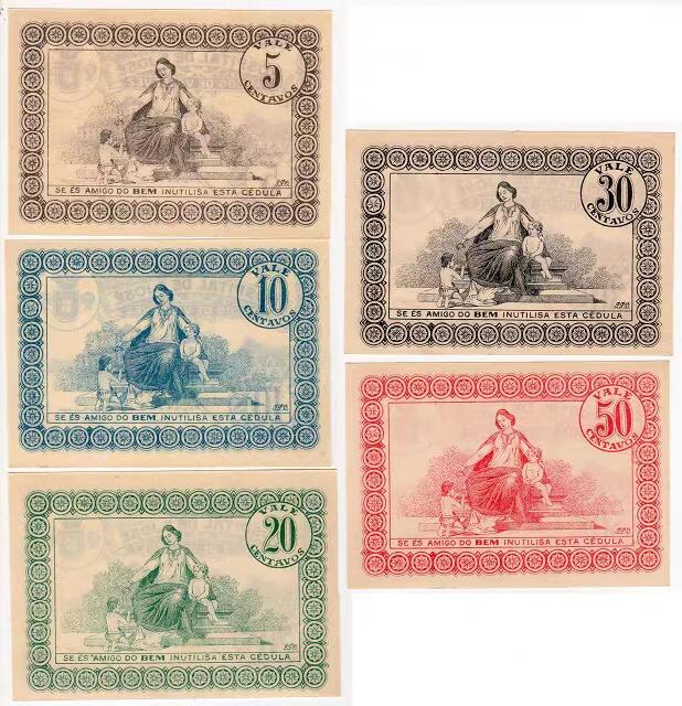 1月21号晚上8点 外国纸币自动截拍第10场 全新UNC 1930年 葡萄牙 圣乔治医院 5,10,20,30,50分 全套