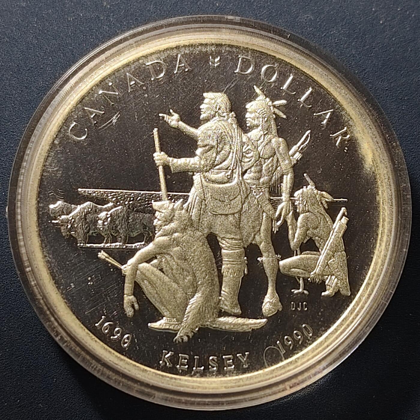 【全场包邮】纯粹捡漏拍497场-持续更新中 加拿大1990年1元亨利·凯尔西的探险活动三百周年精制纪念银币【36毫米23.33克50%】