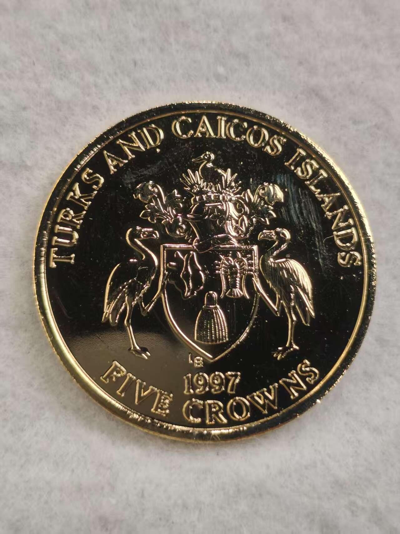 G&W世界散币，银币处理专场（第44场） 特克斯凯克斯1997年5克朗  伊丽莎白二世和菲利普结婚50周年 金婚 克朗型