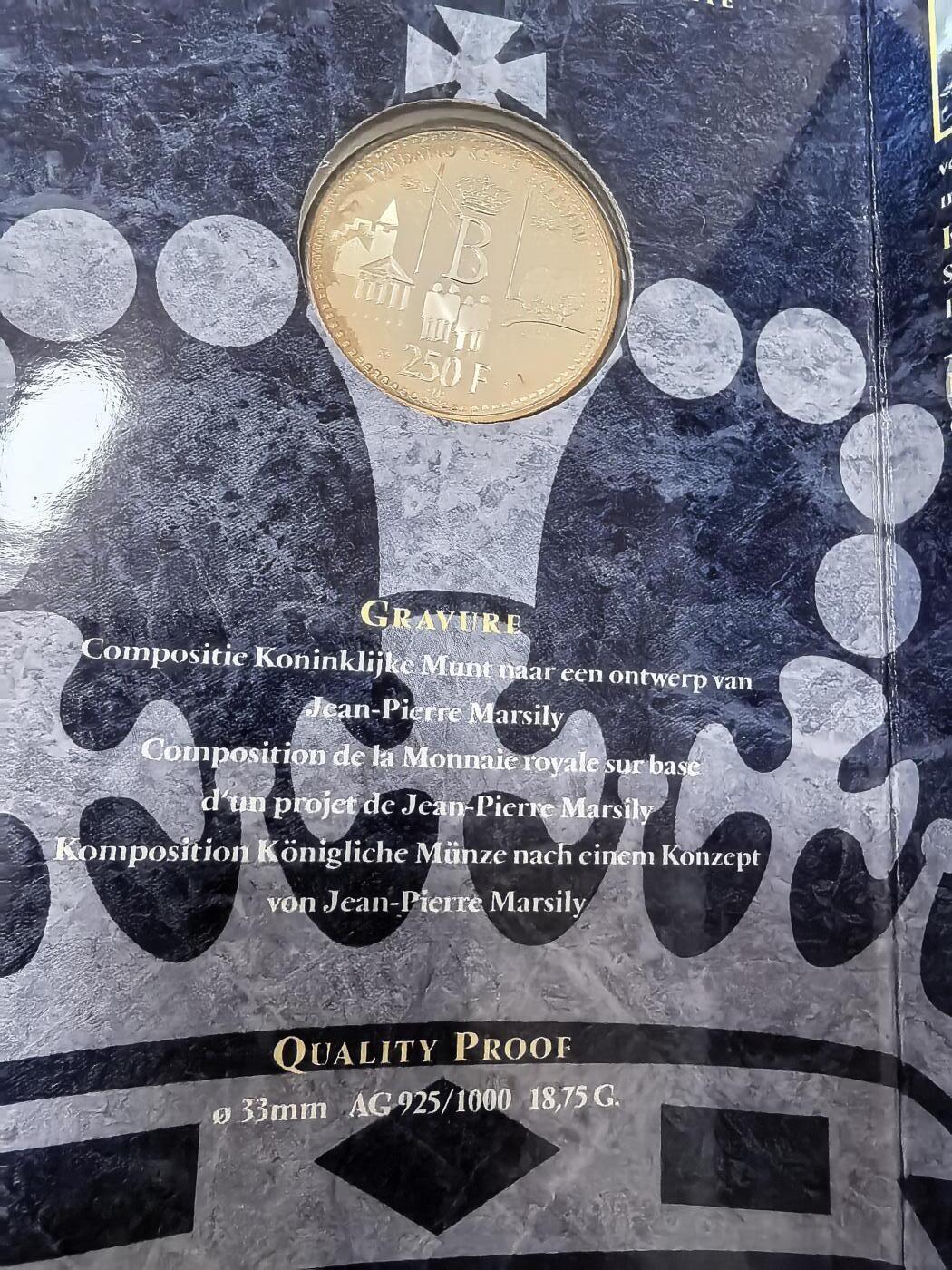 长老汇蛇年精选第九十四场拍卖 1996比利时博杜安250法郎精制银币，18.75克925银，卡装