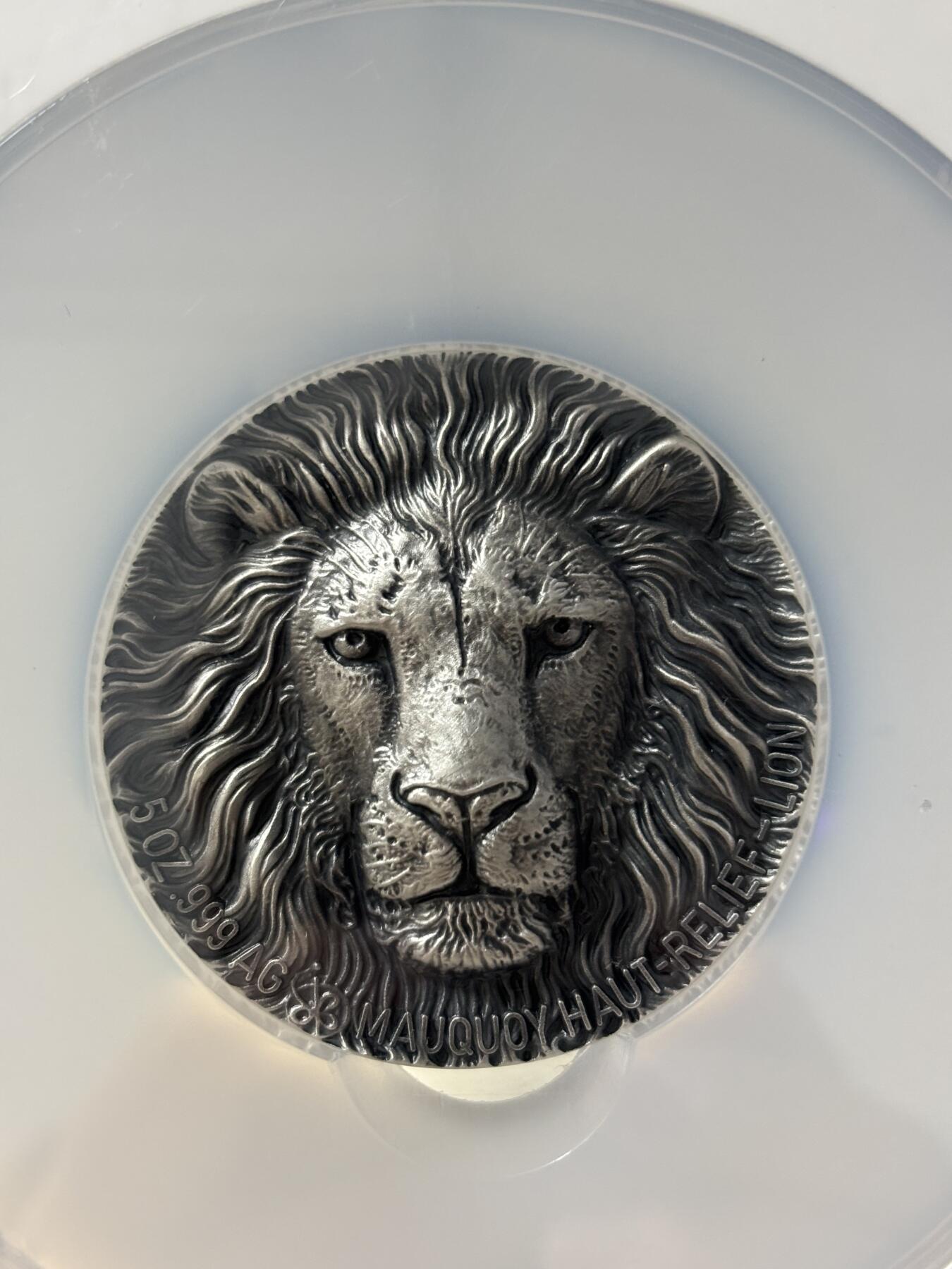 第189期拍卖 科特迪瓦2016年非洲五霸1狮子仿古5盎司银币NGC-MS69无盒无证书，999银，5盎司，发行999枚