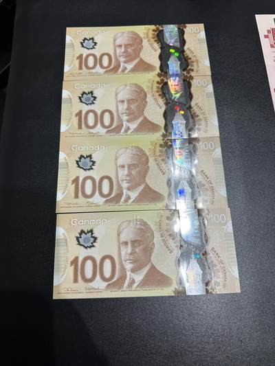 《外钞收藏家》第六百零四期（精品场）（本平台长期征集拍品、欢迎藏友们联系合作） - 加拿大100加元 四张一起 四个签名 全新UNC 有两张无47靓号