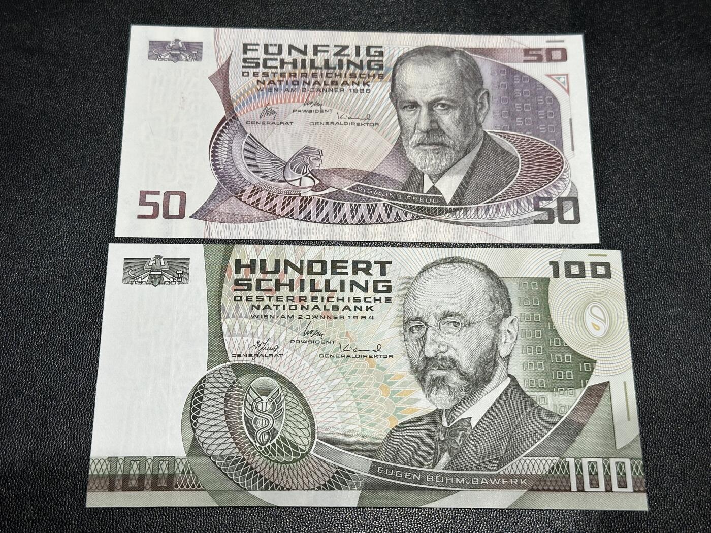《外钞收藏家》第六百零四期（精品场）（本平台长期征集拍品、欢迎藏友们联系合作） 奥地利50和100先令 2张一起 全新UNC 
