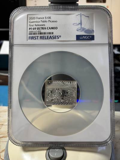 第189期拍卖 - 法国2020年杰作毕加索《格尔尼卡》银币NGC-PF69首无盒无证书，900银，22.2克，发行3000枚