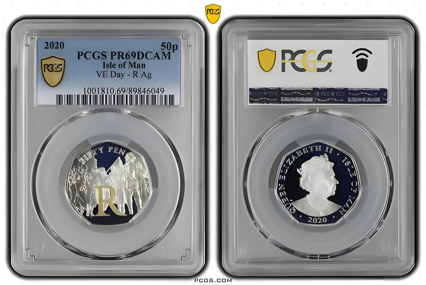 长老汇蛇年精选第九十四场拍卖 马恩岛2020年 二战系列欧洲胜利日75周年字母“R”彩色精制纪念银币，局部镀金，面值50便士，量2020    PCGS PR69 DCAM，唯一冠军
