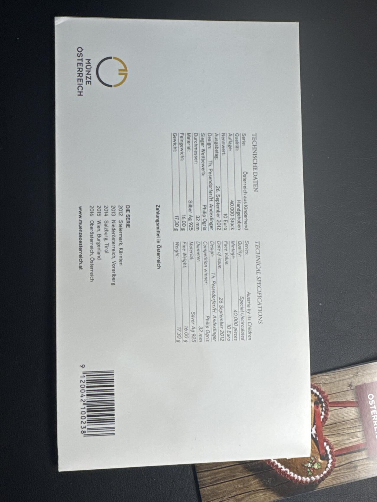 ❤️【币观天下】❤️ 第340期钱币拍卖- 2026.1.23周五晚上6点半场-长期征集拍品 奥地利联邦省系列银币 原厂封装卡册(面值10欧，重量17.3克)2012年卡林西娅州