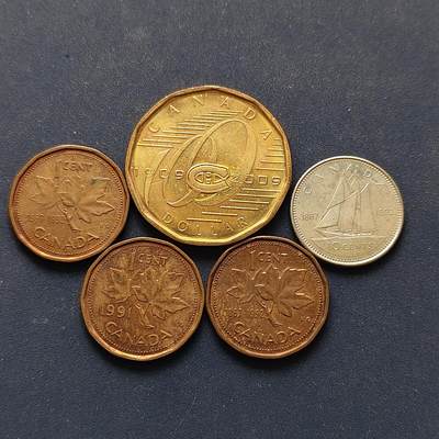 【全场包邮】纯粹捡漏拍496场-持续更新中 - 加拿大2009年1元蒙特利尔加拿大人队100周年纪念币+各年份散币4枚一组