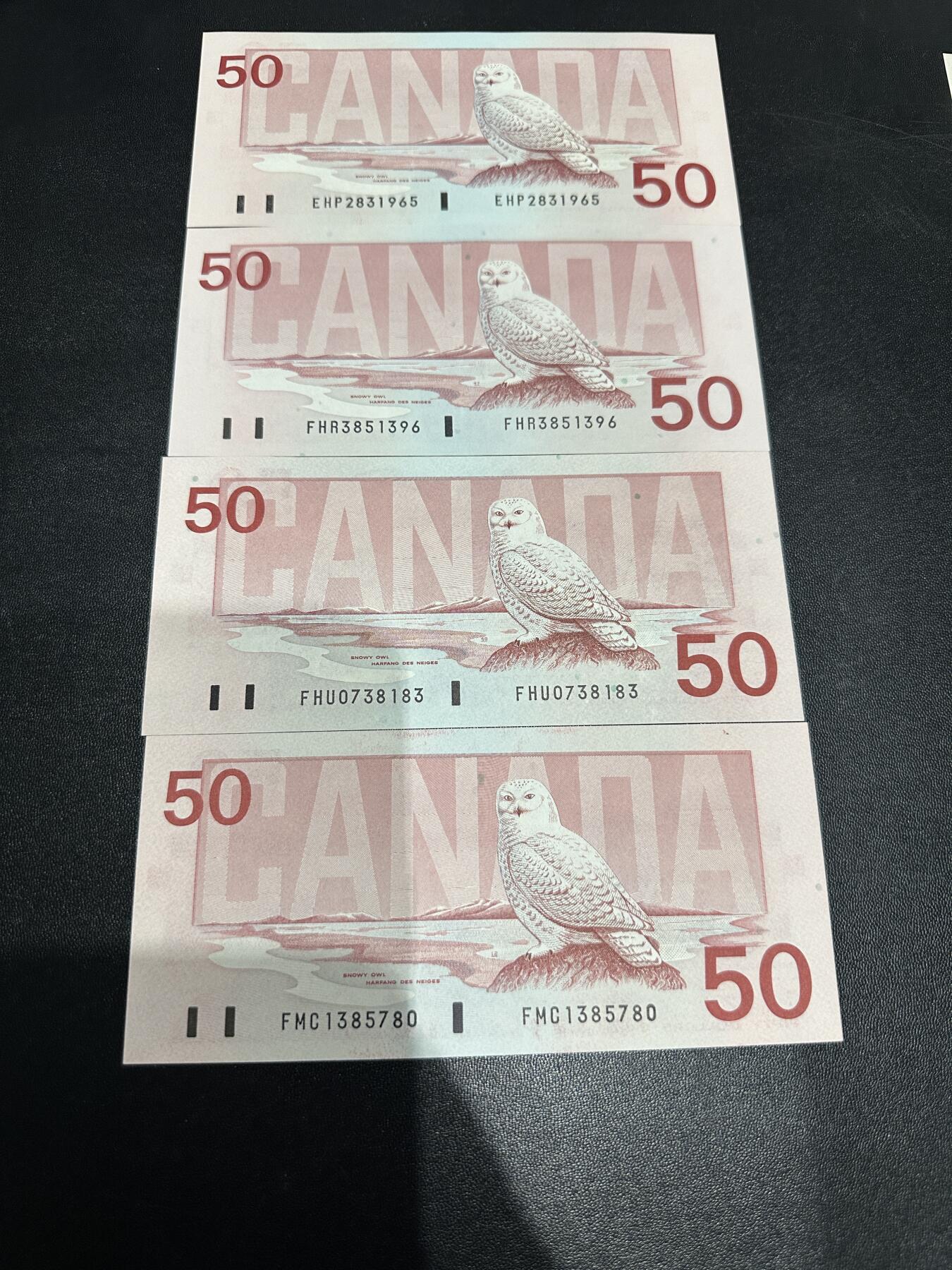 《外钞收藏家》第六百零四期（精品场）（本平台长期征集拍品、欢迎藏友们联系合作） 加拿大鸟版50加元 四张一起 四个签名 全新UNC 其中1张有压印 有2张有轻微潮点