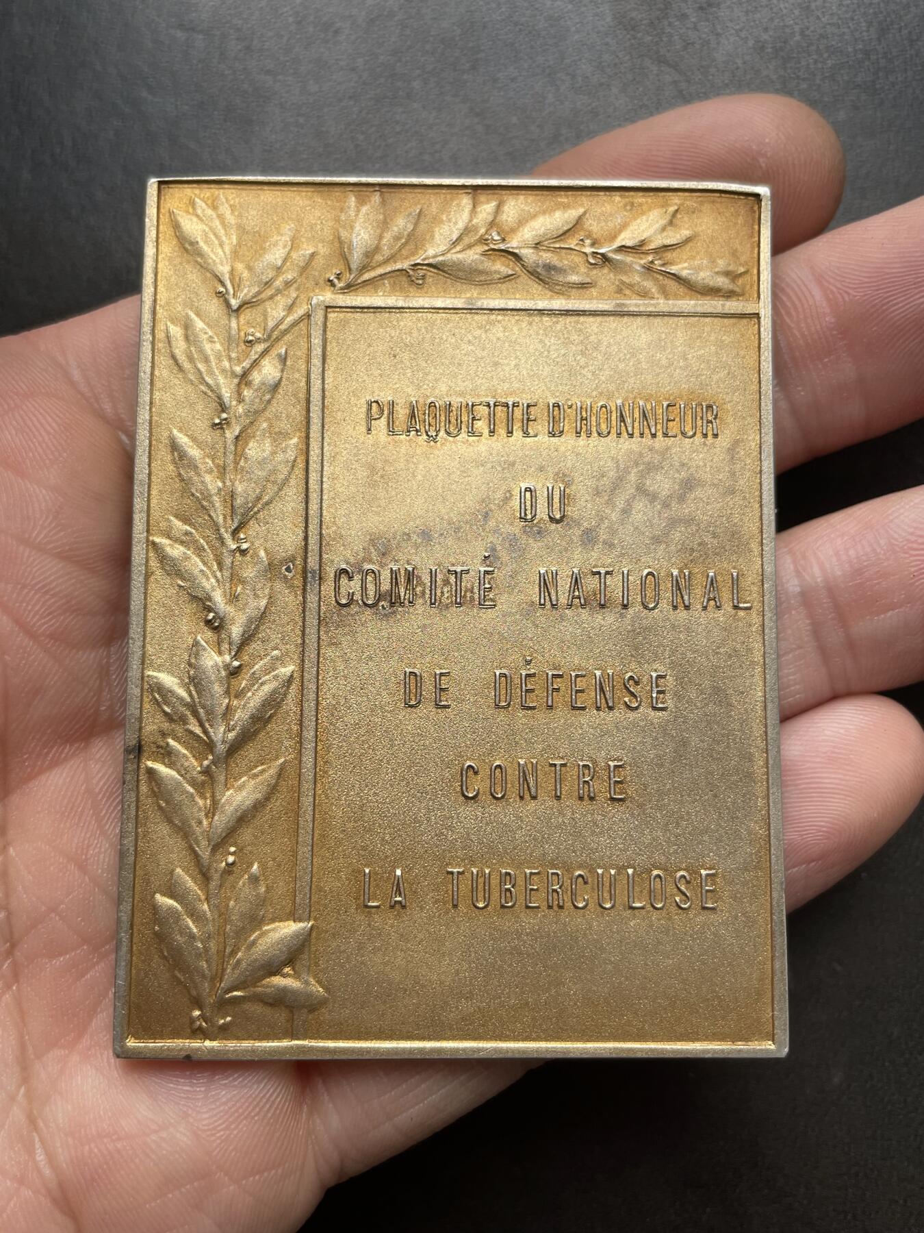 「木头集藏」章牌精品专场！ R. Michel～法国肺结核防治委员会镀金银章 ，尺寸：69x50 mm，83 g，边铭：菱形厂标 ARGENT 野猪头银标。法国肺结核防治委员会每年都会发行一款邮票，这枚章正面的图案就采用了1931年邮票的设计，因此这枚章很有可能是在1931年或者稍晚的年代铸造发行的。
