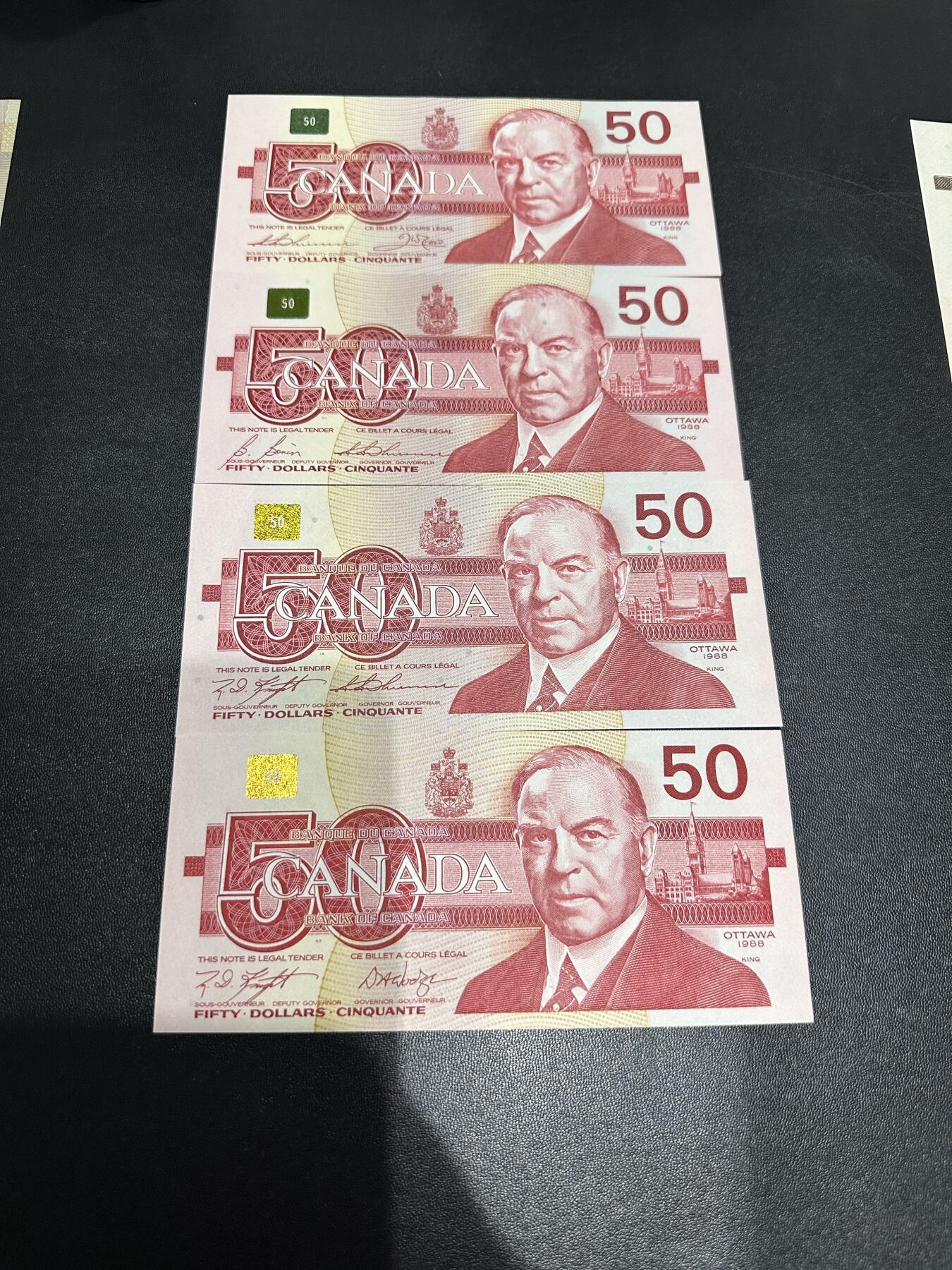 《外钞收藏家》第六百零四期（精品场）（本平台长期征集拍品、欢迎藏友们联系合作） 加拿大鸟版50加元 四张一起 四个签名 全新UNC 其中1张有压印 有2张有轻微潮点