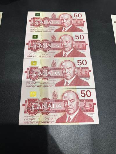 《外钞收藏家》第六百零四期（精品场）（本平台长期征集拍品、欢迎藏友们联系合作） - 加拿大鸟版50加元 四张一起 四个签名 全新UNC 其中1张有压印 有2张有轻微潮点