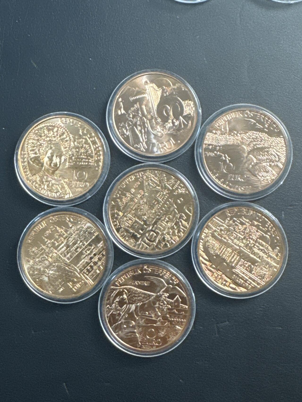 ❤️【币观天下】❤️ 第340期钱币拍卖- 2026.1.23周五晚上6点半场-长期征集拍品 奥地利州联邦省系列紫铜币(32mm) 面值10欧2012年 卡林西娅州，2012年 施帝利亚州，2013年 下奥地利州， 2013年 福拉尔贝格，2014年 萨尔兹堡，2014年 蒂罗尔 ，2015年 布尔根兰州 共7枚